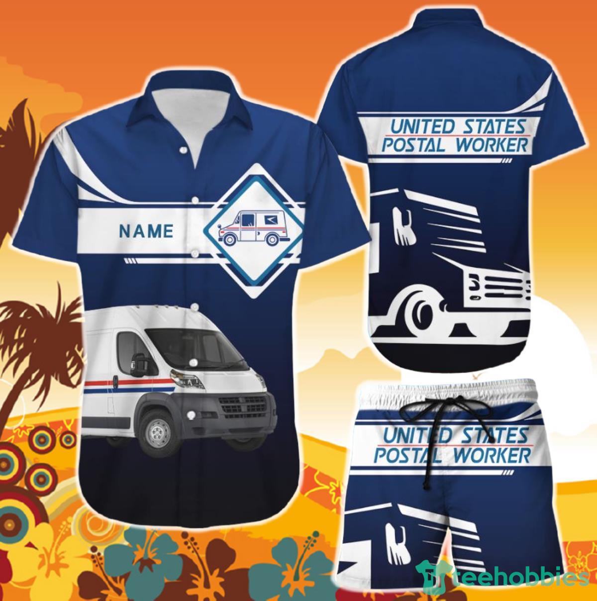 Postal Truck With Custom Name Personalized Hawaiian Shirt and Short Postal Christmas Shirts Product Photo 1