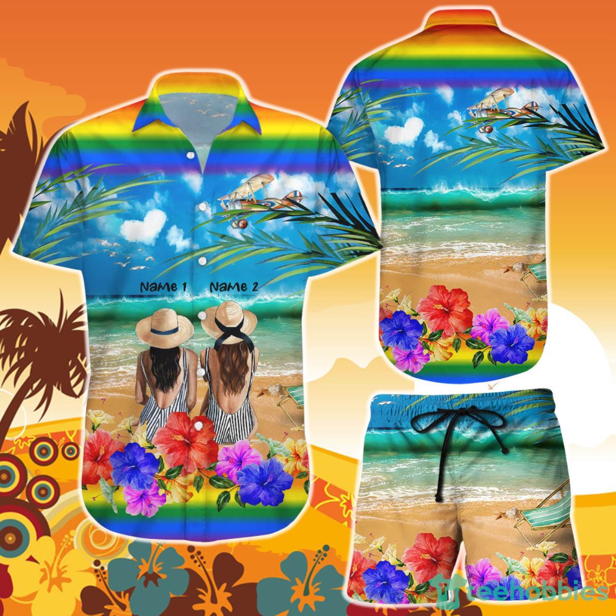 Pride Hawaiian Shirt Personalized Lesbian Couple In The Beach Summer Hawaii Shirt and Short Product Photo 1