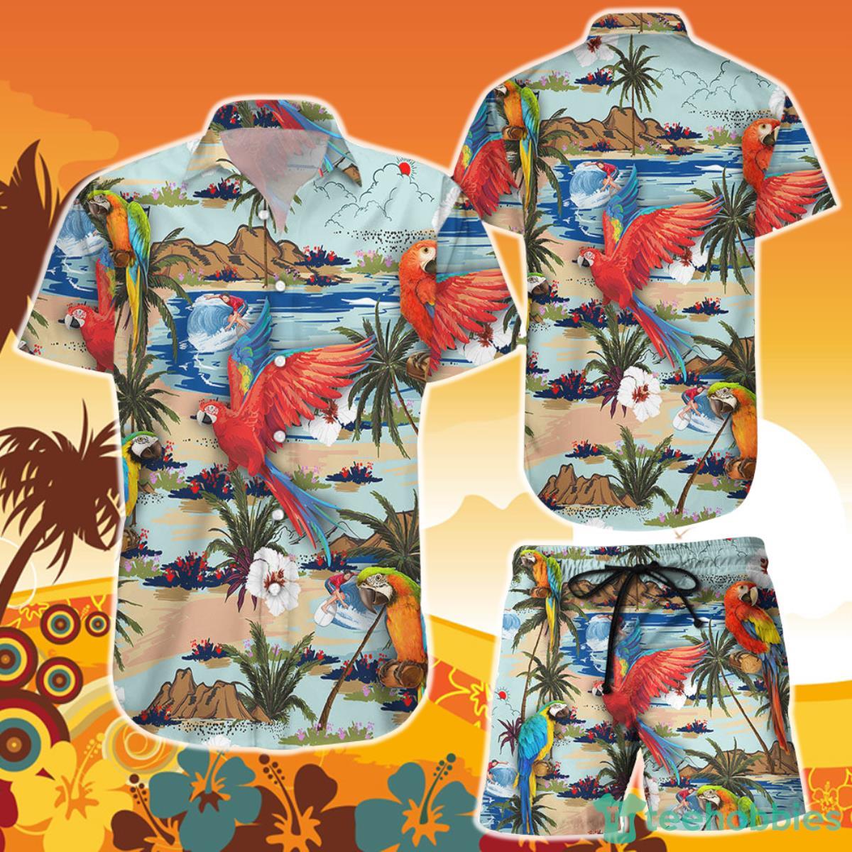 Red Parrot Flying With Surfing Man On The Beach Hawaii Shirt and Short Summer Holiday Gifts Product Photo 1