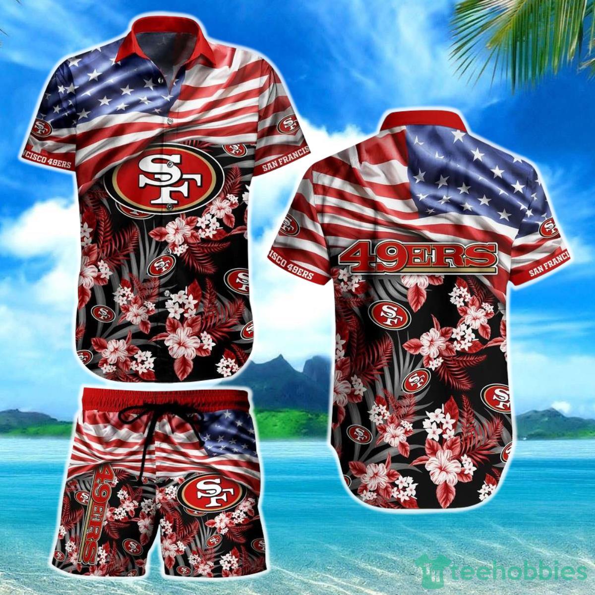 San Francisco 49ers NFL Hawaiian Shirt And Short Summer Tropical Pattern US Flag Best Gift For Sports Enthusiast Product Photo 1
