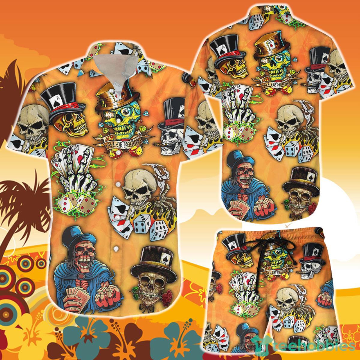 Skull Print Hawaiian Shirt And Short Funny Skull Poker Orange Skull Anniversary Gifts Product Photo 1