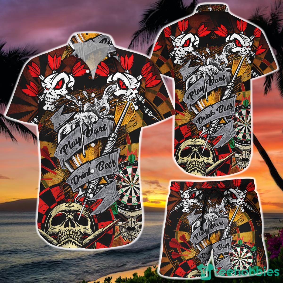Skull Shirt Play Dart Drink Beer Hawaii Shirt Hawaiian Skull Shirt and Short  Skull Anniversary Gifts Product Photo 1