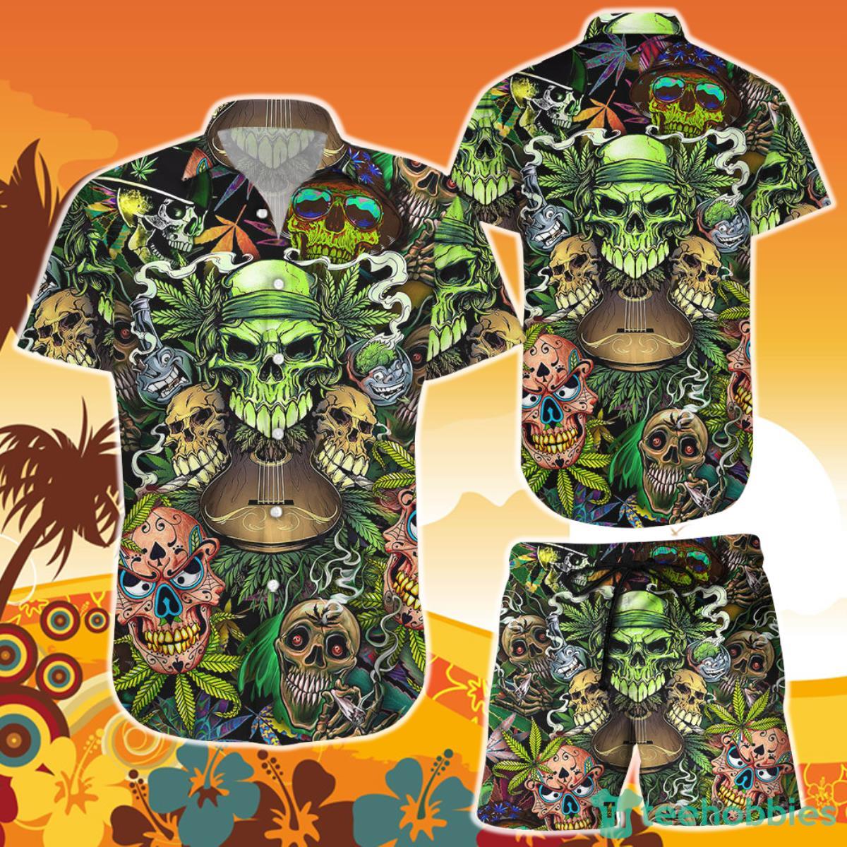 Skull Tropical Hawaiian Shirt And Short Green Forest Skull Smoking Trippy Weed Skull Gift Ideas Product Photo 1