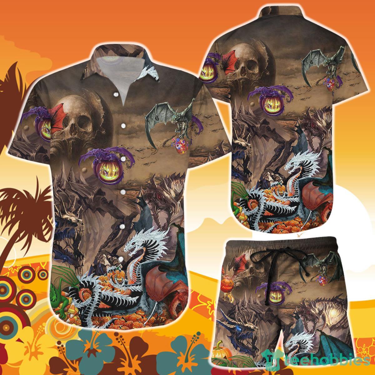 Spooky Hawaiian Shirt And Short Halloween Skeletal Dragon Pumpkins Great Pumpkin Gifts Product Photo 1