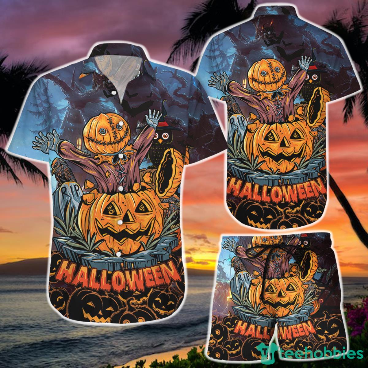 Spooky Masked Man Comes Out Pumpkin Hawaii Shirt and Short  Halloween Gifts For Her Product Photo 1