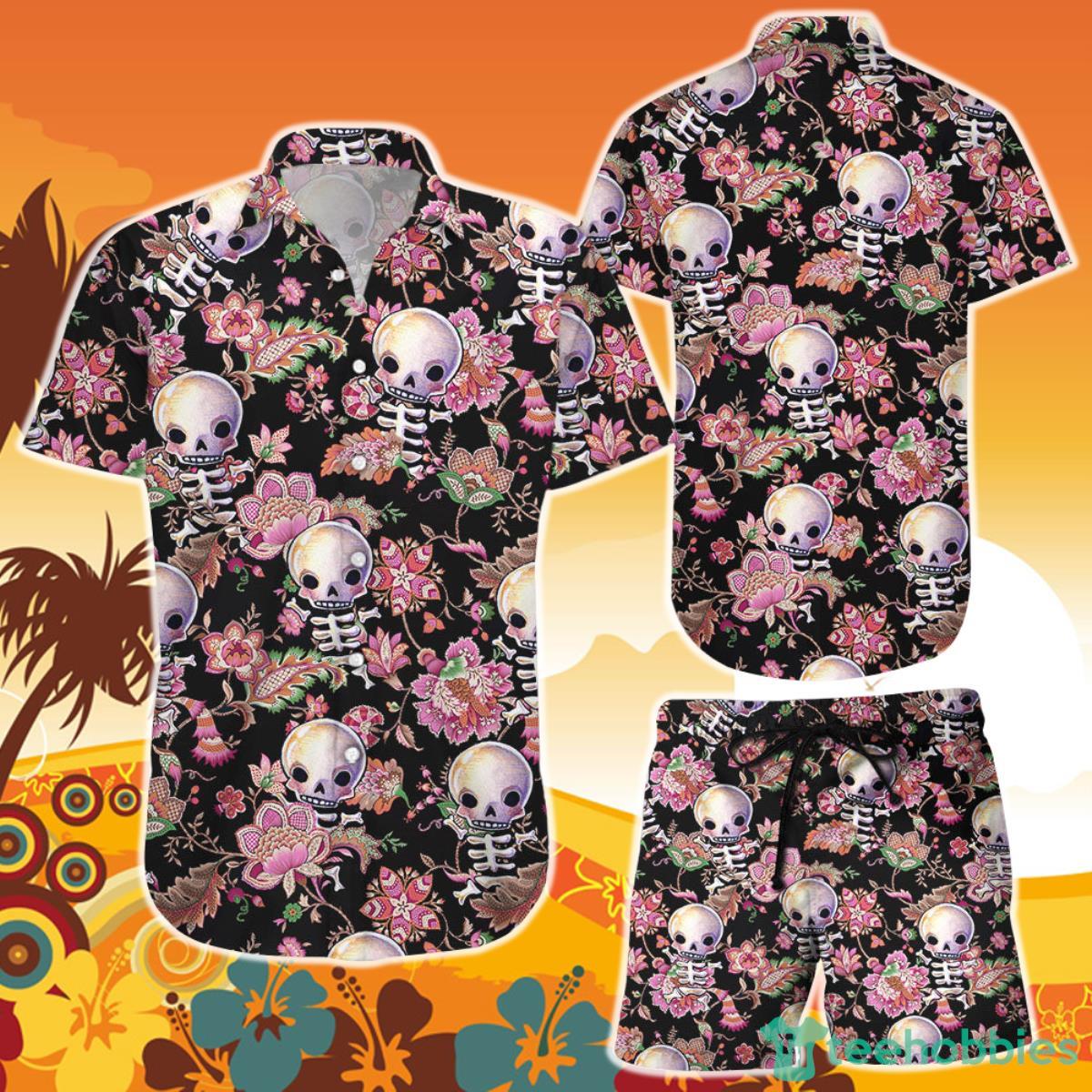 Sugar Skull Hawaiian Shirt And Short Skull Flowers Pattern Button Down Shirts Skull Presents For Her Product Photo 1