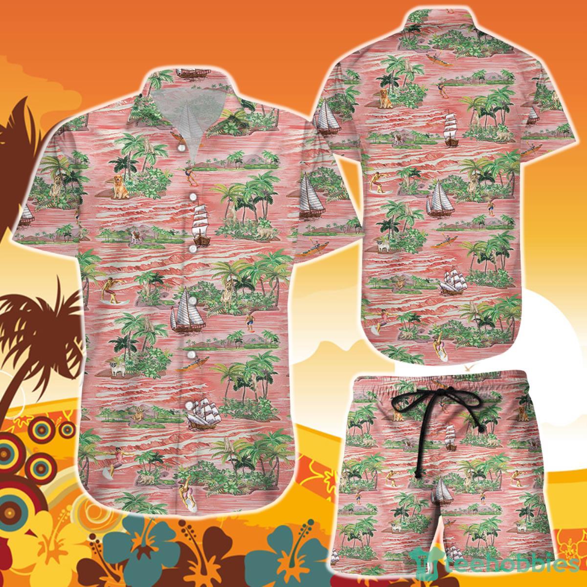 Summer Hawaiian Shirt And Short Dog Boat Surfing Summer Vintage Watercolor Tropical Themed Gift Ideas Product Photo 1