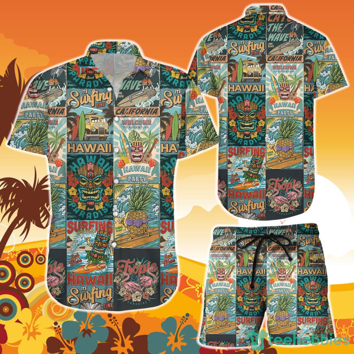 Surfing Hawaiian Shirt And Short Surfing Tiki Summer Party Vintage Beach Vacation Themed Gifts Product Photo 1