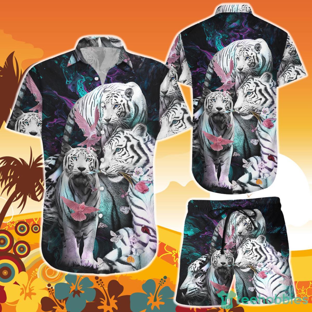 Tiger Hawaiian Shirt And Short White Tigers With Pink Birds Present For Tiger Lovers Product Photo 1