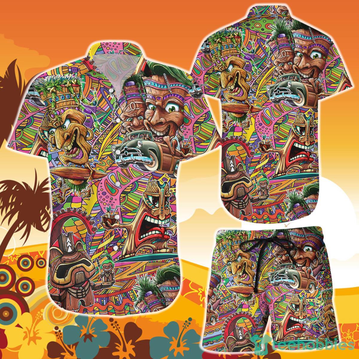 Tiki Hawaiian Shirt And Short Surfing Tiki Colourful Button Down Shirts Tropical Themed Gift Ideas Product Photo 1