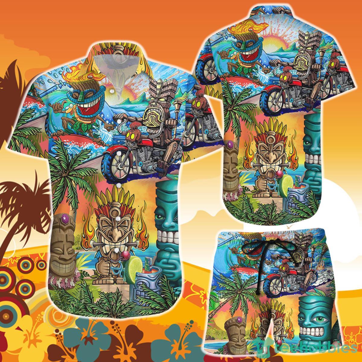 Tiki Hawaiian Shirt And Short Tiki Riding Motorbike Beach Get Here Funny Best Gift For Summer Camp Product Photo 1