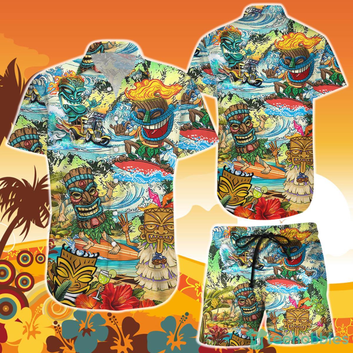 Tiki Hawaiian Shirt And Short Tiki Surfboard Drinking Beach Get Here Funny Best Gift For Summer Product Photo 1