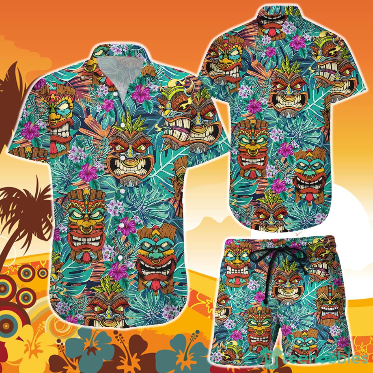 Tiki Hawaiian Shirt And Short Tiki Tribal Wooden Mask Tropical Tropical Themed Gift Ideas Product Photo 1