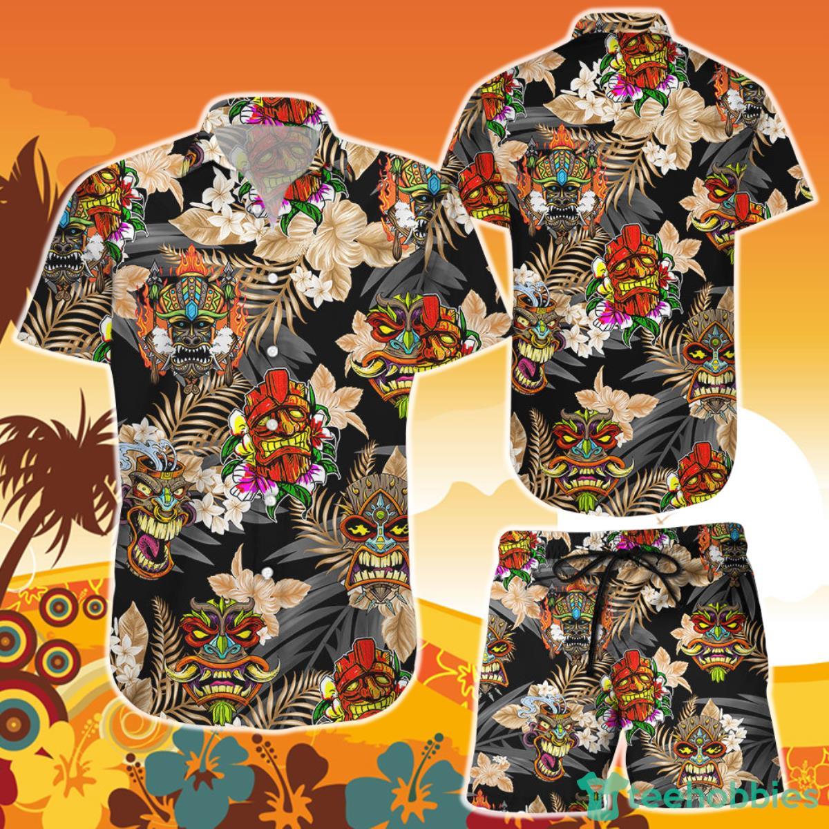 Tiki Hawaiian Shirt And Short Tiki Tribal Wooden Mask Tropical Unqiue Beach Vacation Gift Product Photo 1