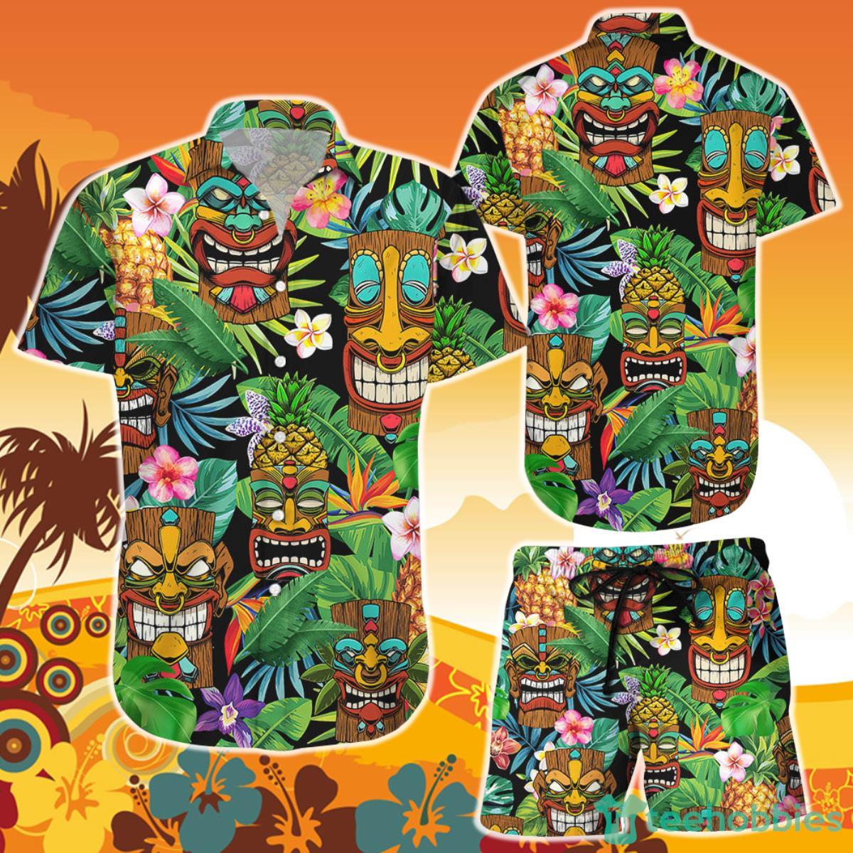 Tropical Hawaiian Shirt And Shorts Tribal Wooden Mask Tropical Hawaii Themed Gift Ideas Product Photo 1