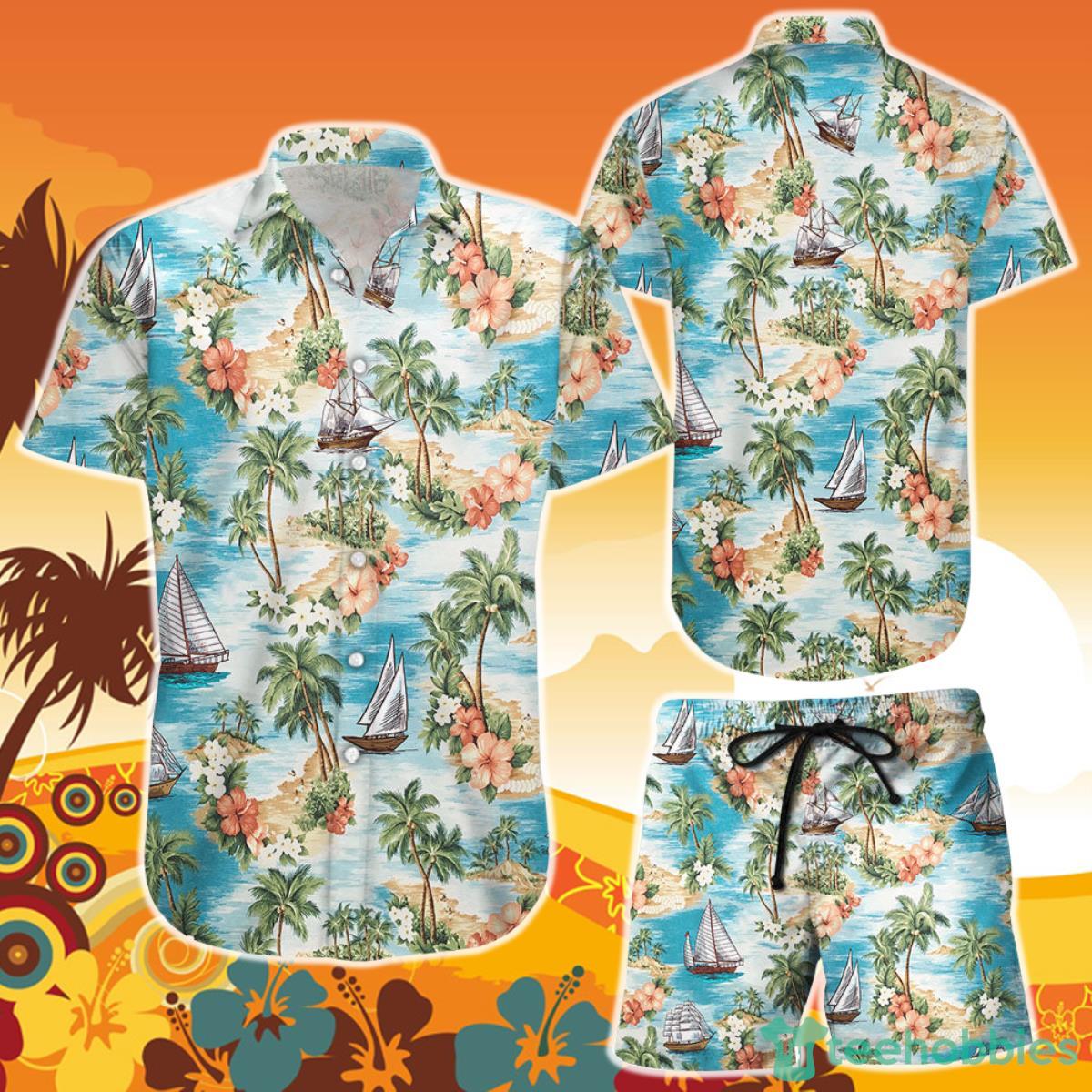 Tropical Island Palm Tree Sailing Boat Button Down Shirt and Short Summer Holiday Presents Product Photo 1