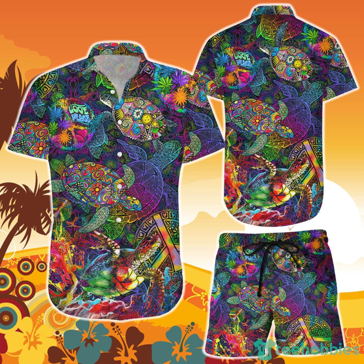 Turtle Hawaiian Shirt And Short Hippie Peace Colorful Turtle Gift For Turtle Lovers Product Photo 1