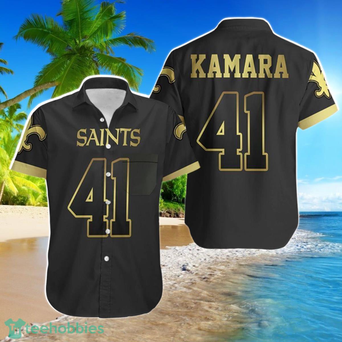 Beach Shirt New Orleans Saints 41 Alvin Kamara Black Golden Edition Jersey Inspired Style Hawaiian Shirt For Men Women Product Photo 1