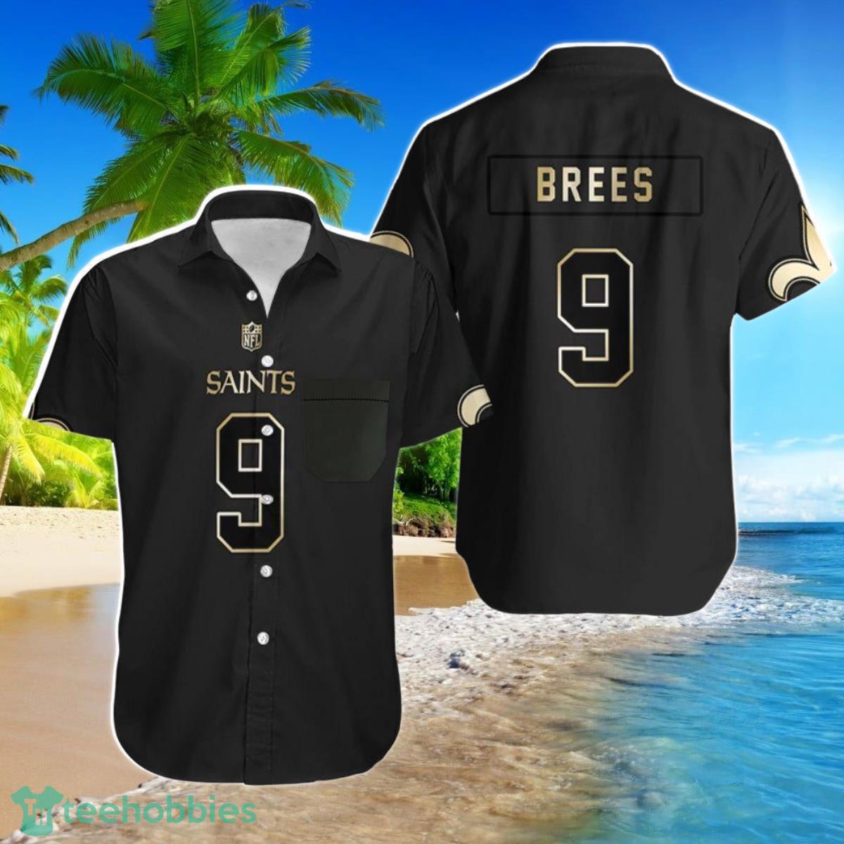 Beach Shirt New Orleans Saints 9 Drew Brees Black Golden Edition Mens Jersey Inspired Hawaiian Shirt Product Photo 1
