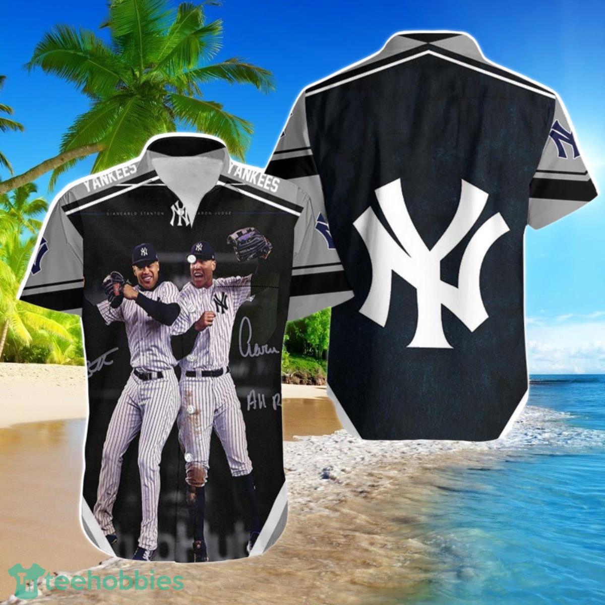 Beach Shirt New York Yankees Aaron Judge All Rise And Giancarlo Stanton Jumping Hawaiian Shirt For Men Women Product Photo 1