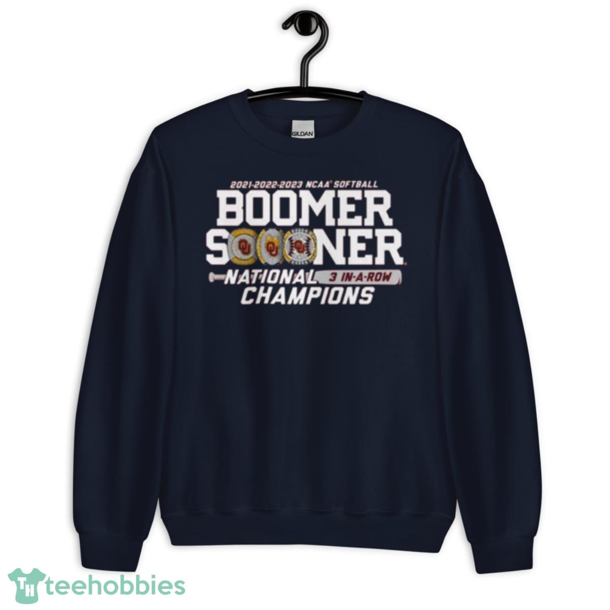 Crimson Oklahoma Sooners Three Peat NCAA Softball National Champions Shirt - Unisex Crewneck Sweatshirt-1