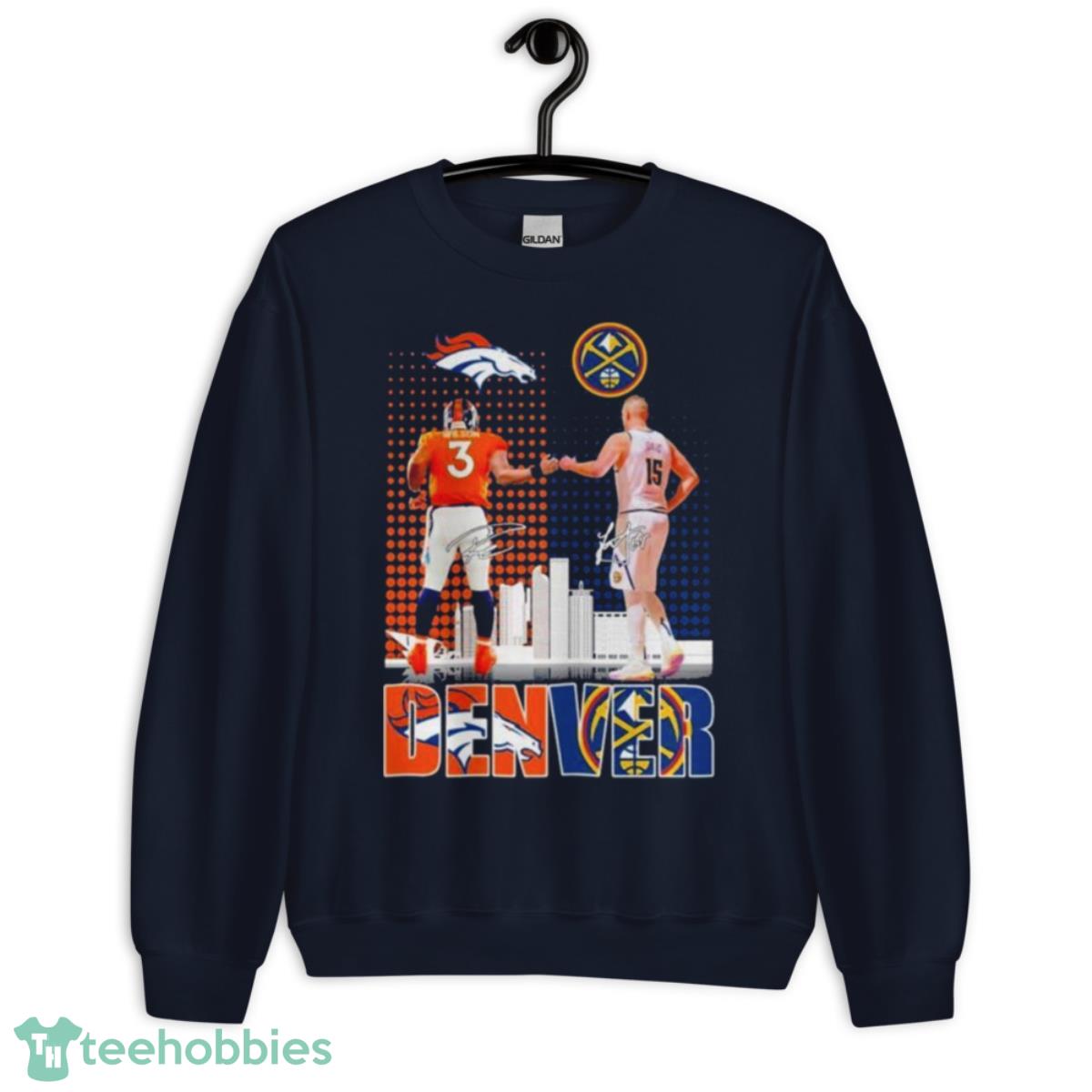 Denver City Skyline Russell Wilson Vs Nikola Jokic Signatures New Shirt - Unisex Crewneck Sweatshirt-1