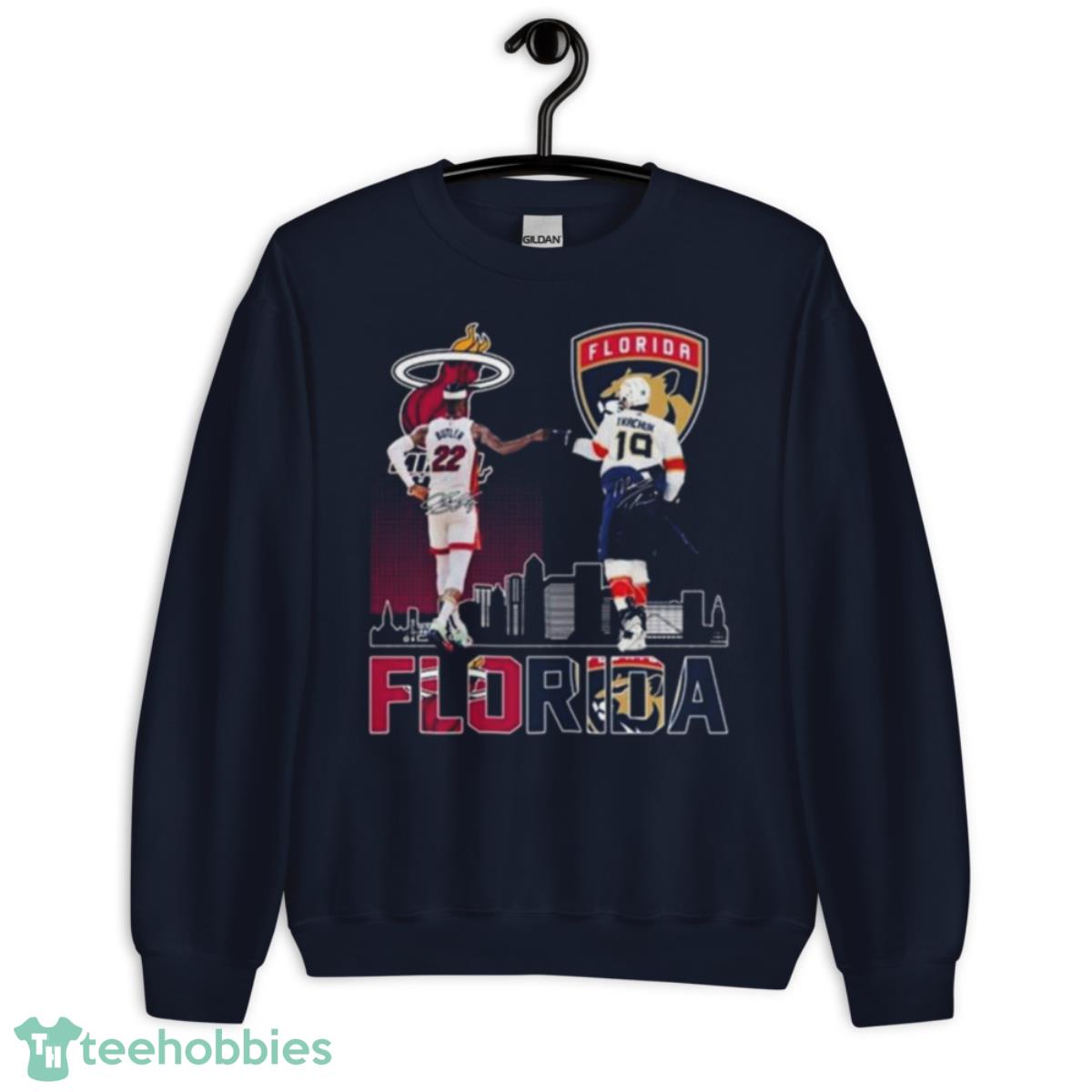 Florida Panthers And Miami Heat Butler And Tkachuk Skylines Signatures Shirt - Unisex Crewneck Sweatshirt-1