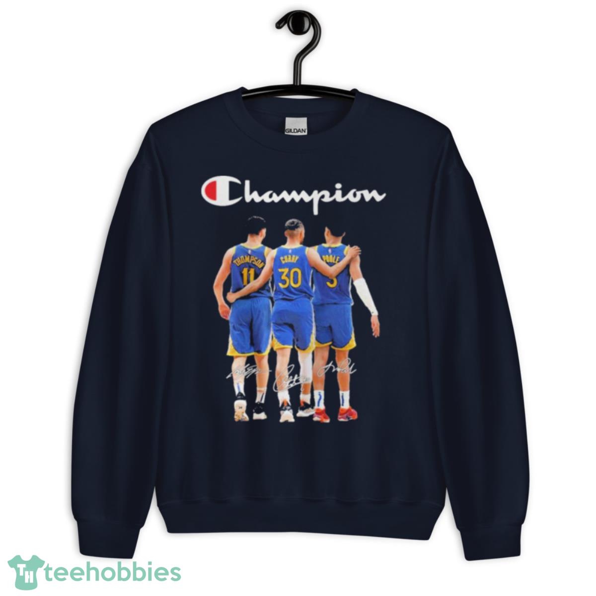 Golden State Warriors Thompson Curry And Poole Champions 2023 Signatures Shirt - Unisex Crewneck Sweatshirt-1