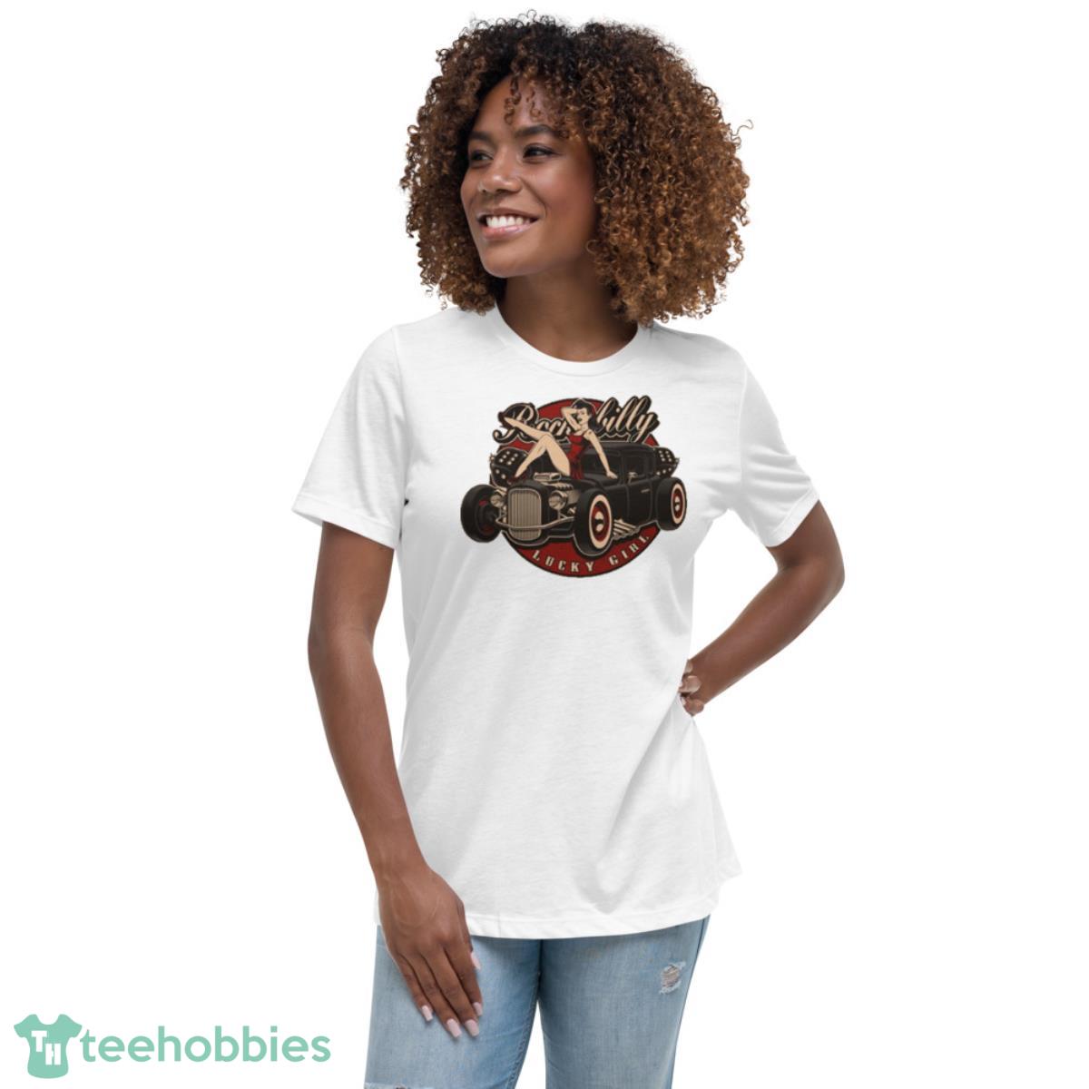 Hot Rod Retro Rockabilly Lucky Vintage Car Shirt - Womens Relaxed Short Sleeve Jersey Tee Hot Rod Retro Rockabilly Lucky Vintage Car Shirt - Womens Relaxed Short Sleeve Jersey Tee