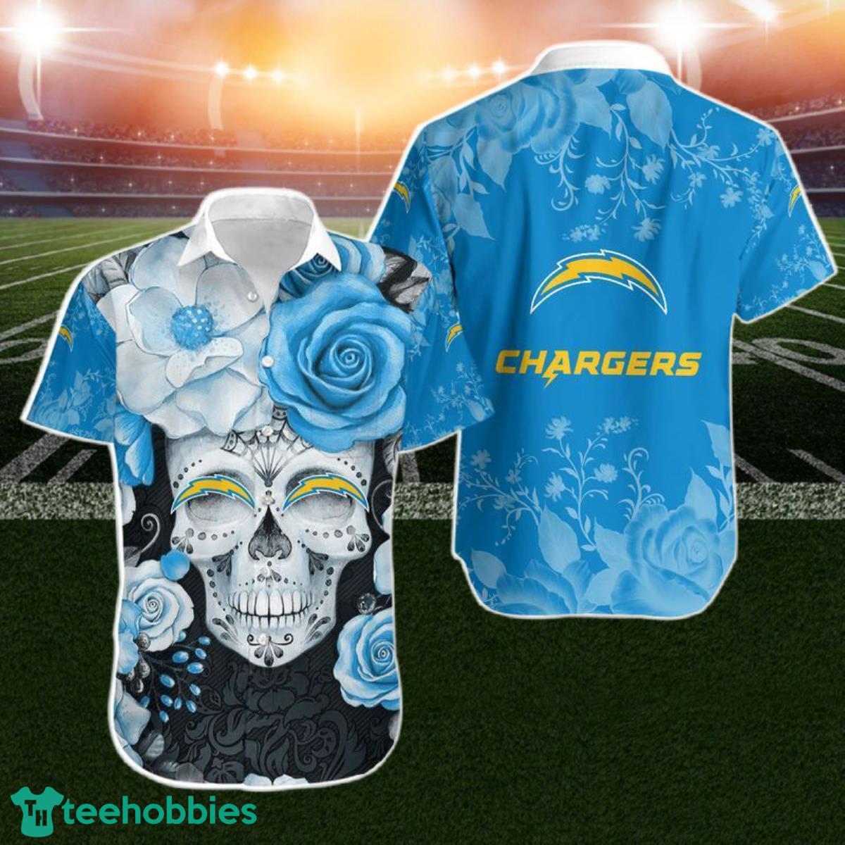 Los Angeles Chargers Skull NFL Gift For Fan Hawaiian Shirt Aloha Shirt For Men Women Product Photo 1