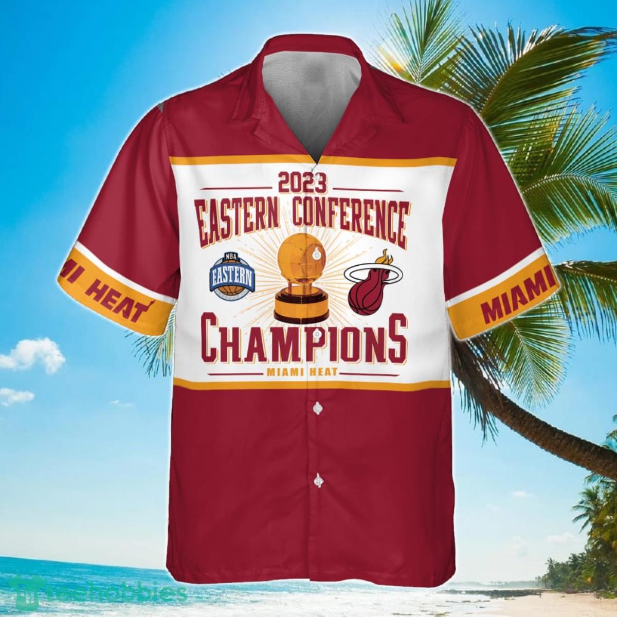 Miami Heat Eastern Conference Champions On Red Background 3D Hawaiian Shirt image Miami Heat Eastern Conference Champions On Red Background 3D Hawaiian Shirt Product Photo 2