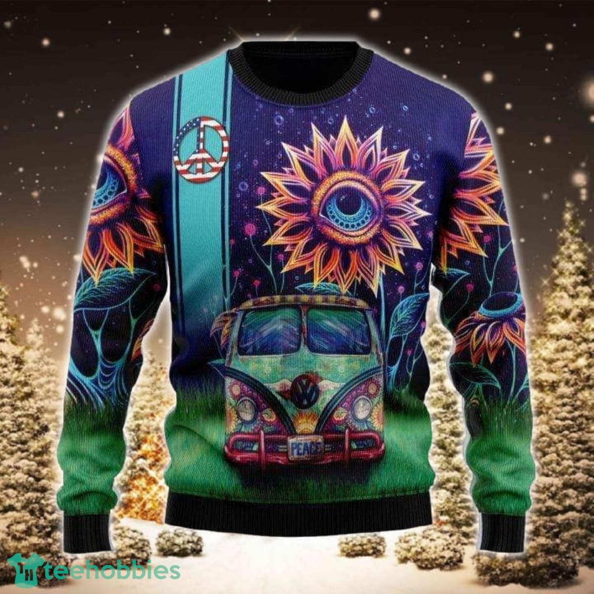 Amazing Hippie Van And Sunflower Eyes 3D Sweater Ugly Christmas Sweater For Men Women Product Photo 1