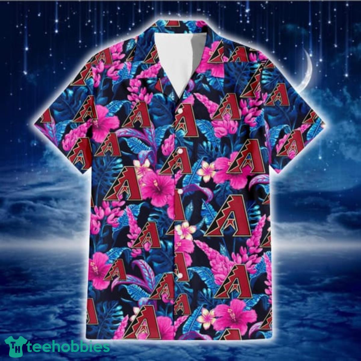 Arizona Diamondbacks Violet Red Hibiscus Blue Leaf Black Background 3D Hawaiian Shirt Gift For Fans Product Photo 2