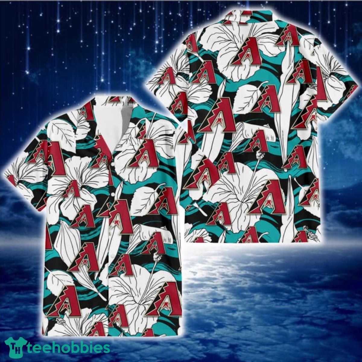 Arizona Diamondbacks White Hibiscus Turquoise Wave Black Background 3D Hawaiian Shirt Gift For Fans Product Photo 1