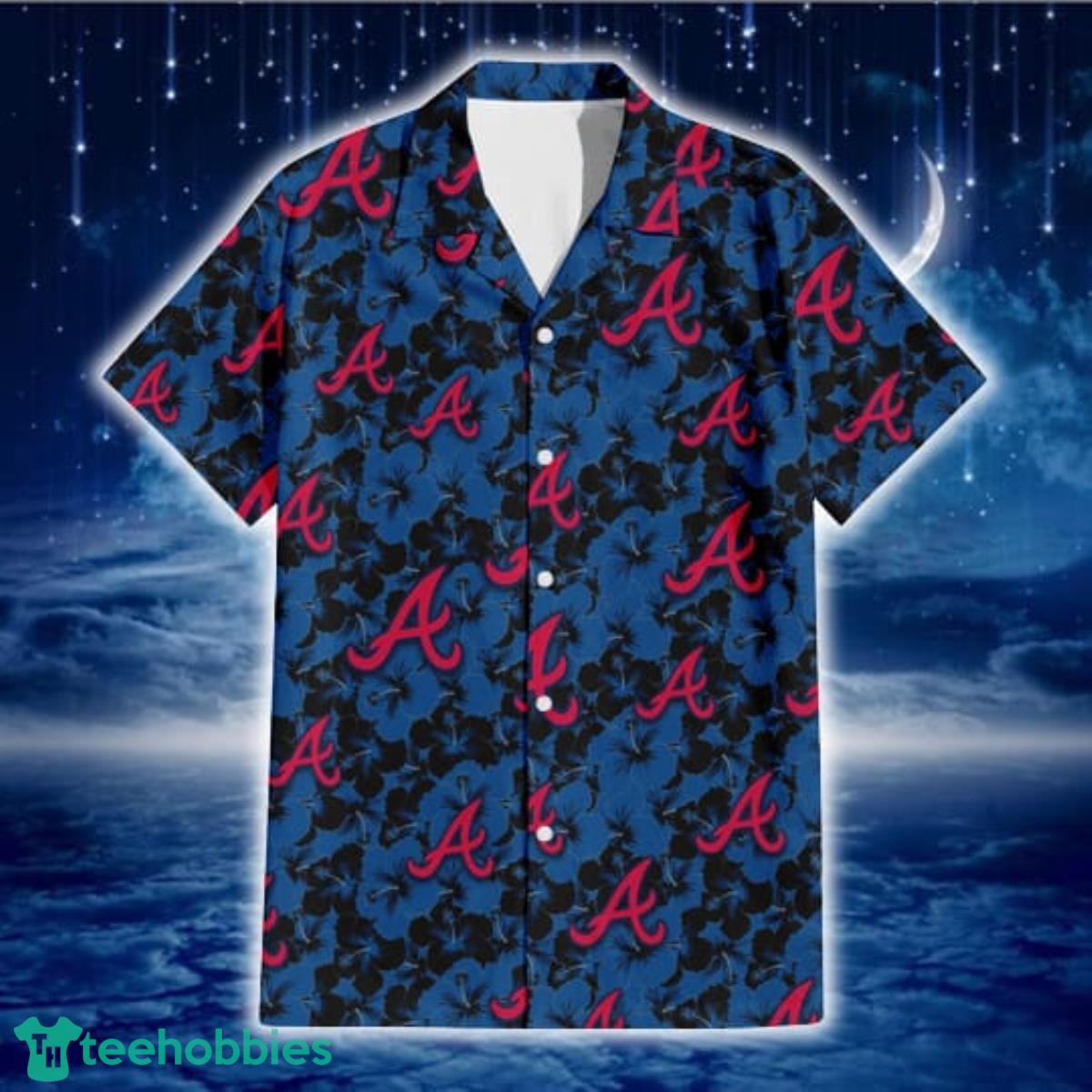 Atlanta Braves Black Dark Blue Hibiscus Black Background 3D Hawaiian Shirt Gift For Fans Product Photo 2