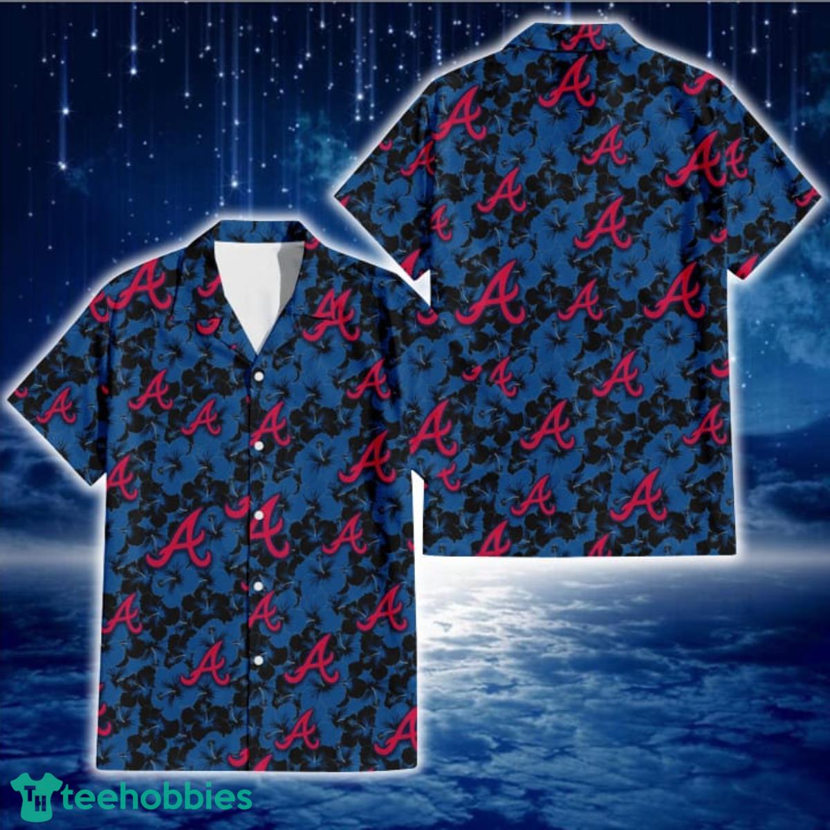 Atlanta Braves Black Dark Blue Hibiscus Black Background 3D Hawaiian Shirt Gift For Fans Product Photo 1