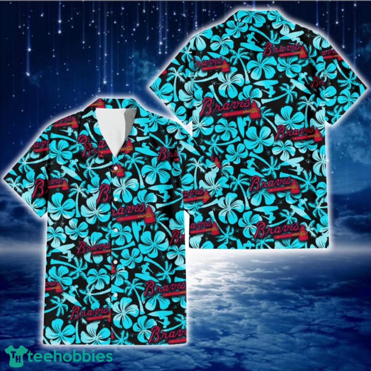 Atlanta Braves Blue Hibiscus Blue Coconut Tree Black Background 3D Hawaiian Shirt Gift For Fans Product Photo 1