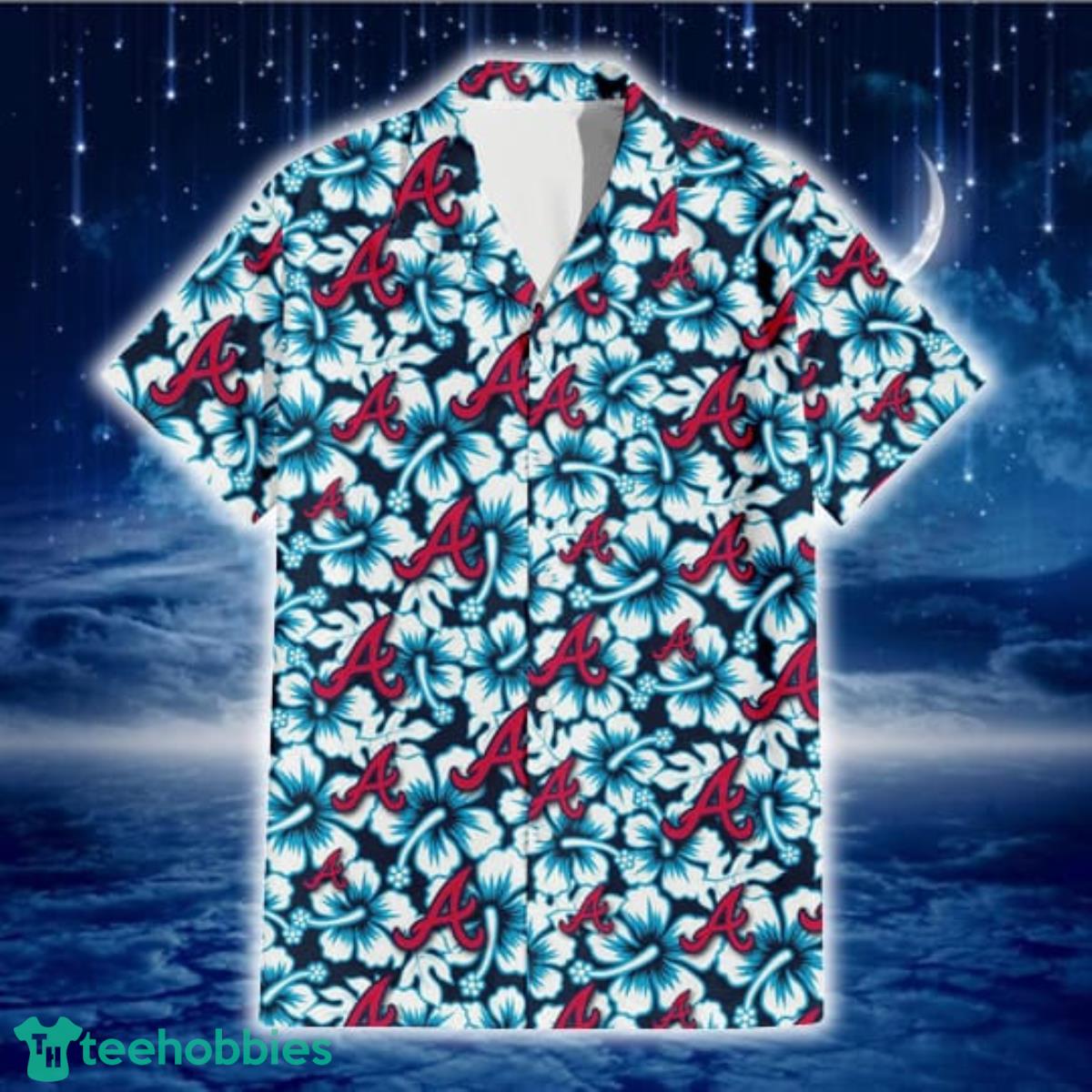 Atlanta Braves Blue Line White Hibiscus Black Background 3D Hawaiian Shirt Gift For Fans Product Photo 2