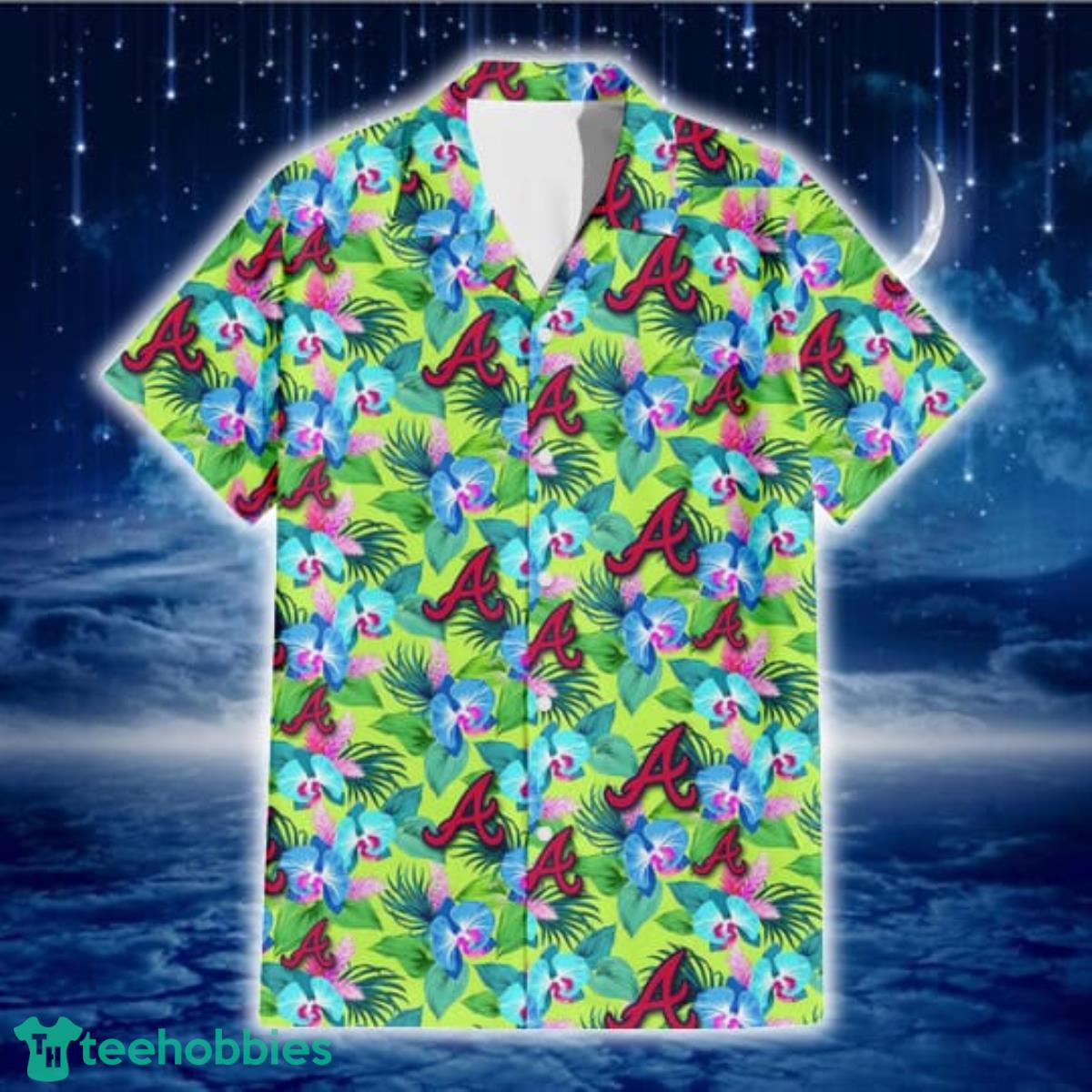 Atlanta Braves Blue Orchid Green Pink Leaf Green Background 3D Hawaiian Shirt Gift For Fans Product Photo 2