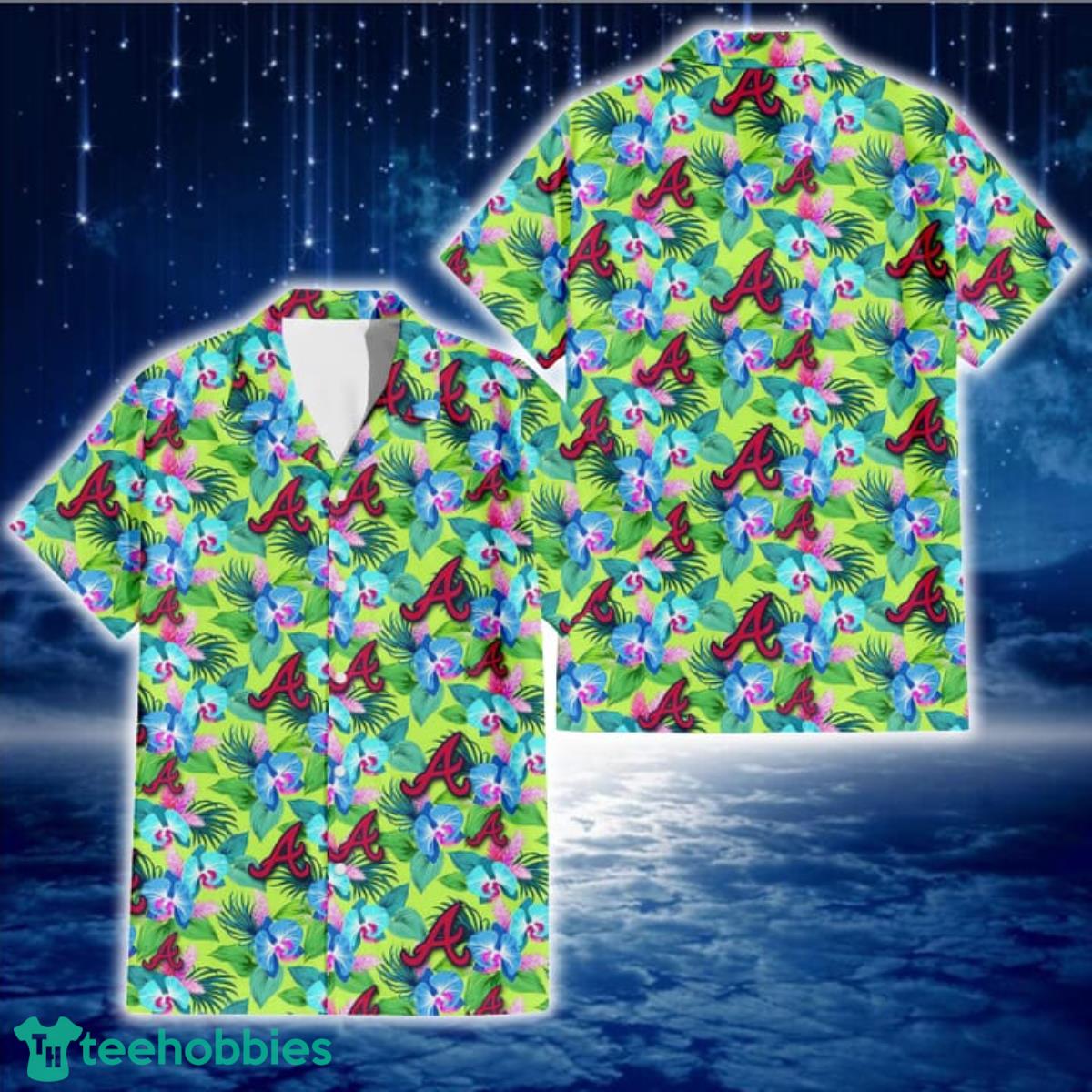 Atlanta Braves Blue Orchid Green Pink Leaf Green Background 3D Hawaiian  Shirt Gift For Fans