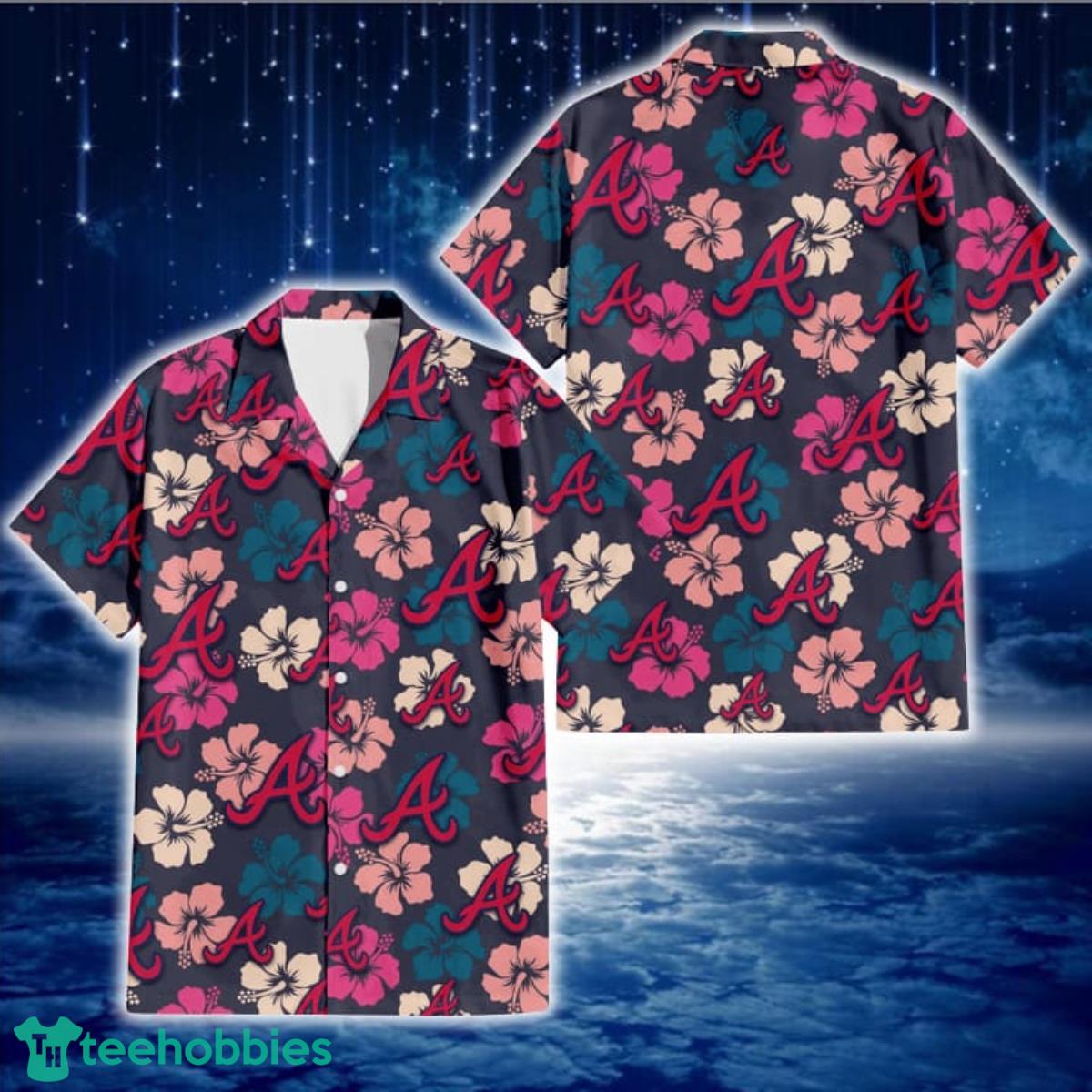 Atlanta Braves Colorful Hibiscus Black Background 3D Hawaiian Shirt Gift For Fans Product Photo 1
