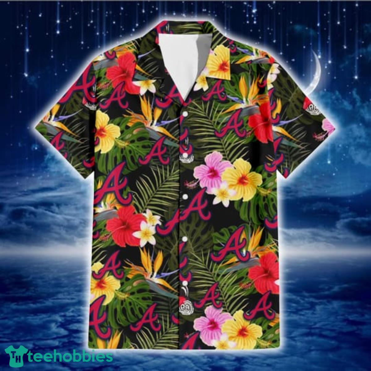Atlanta Braves Colorful Hibiscus Green Leaf Back Background 3D Hawaiian Shirt Gift For Fans Product Photo 2