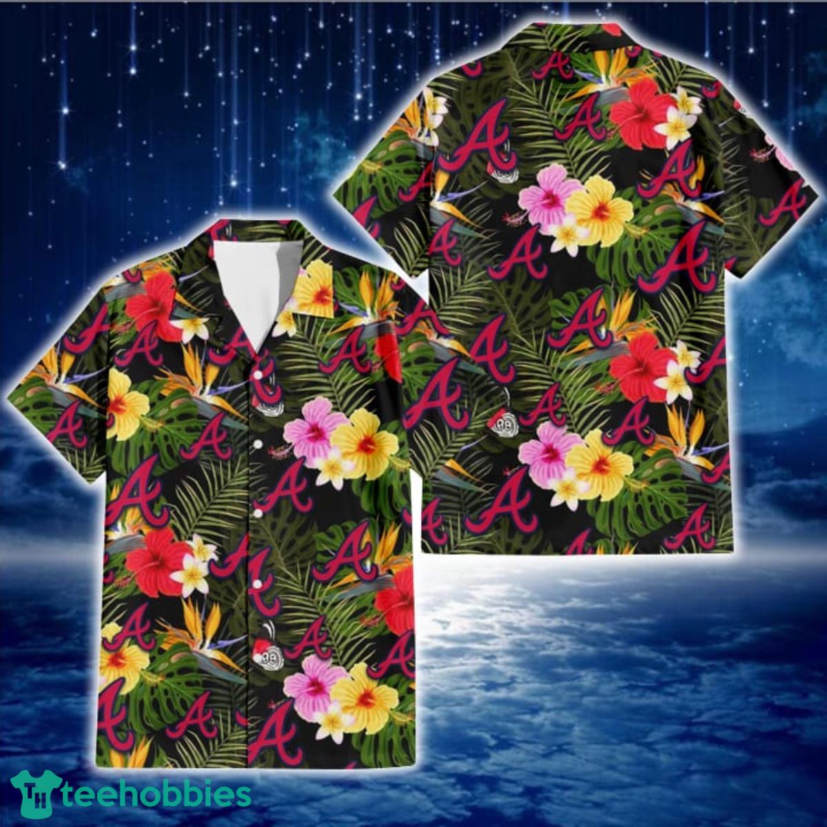 Atlanta Braves Colorful Hibiscus Green Leaf Back Background 3D Hawaiian Shirt Gift For Fans Product Photo 1