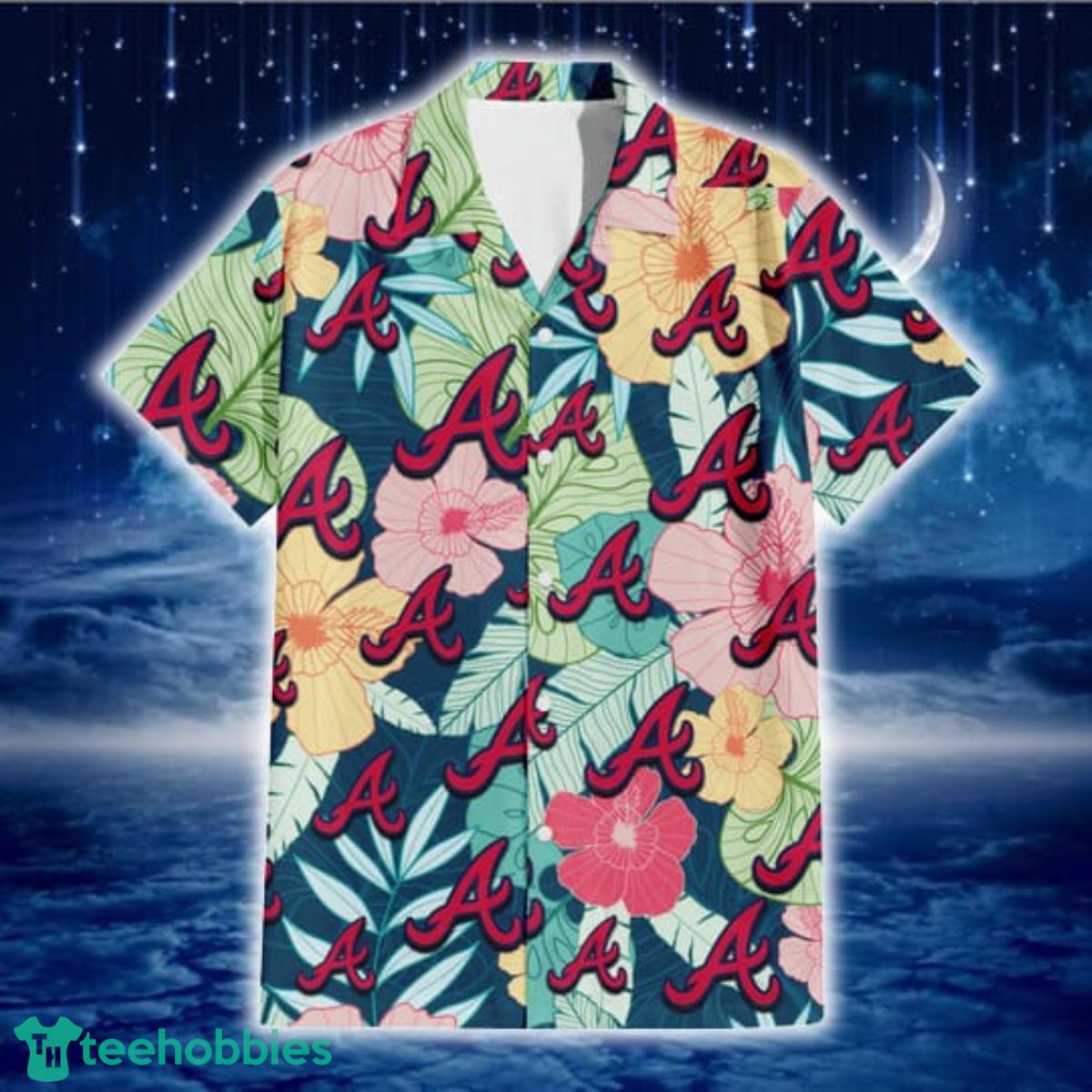 Atlanta Braves Colorful Sketch Hibiscus Dark Green Background 3D Hawaiian Shirt Gift For Fans Product Photo 2