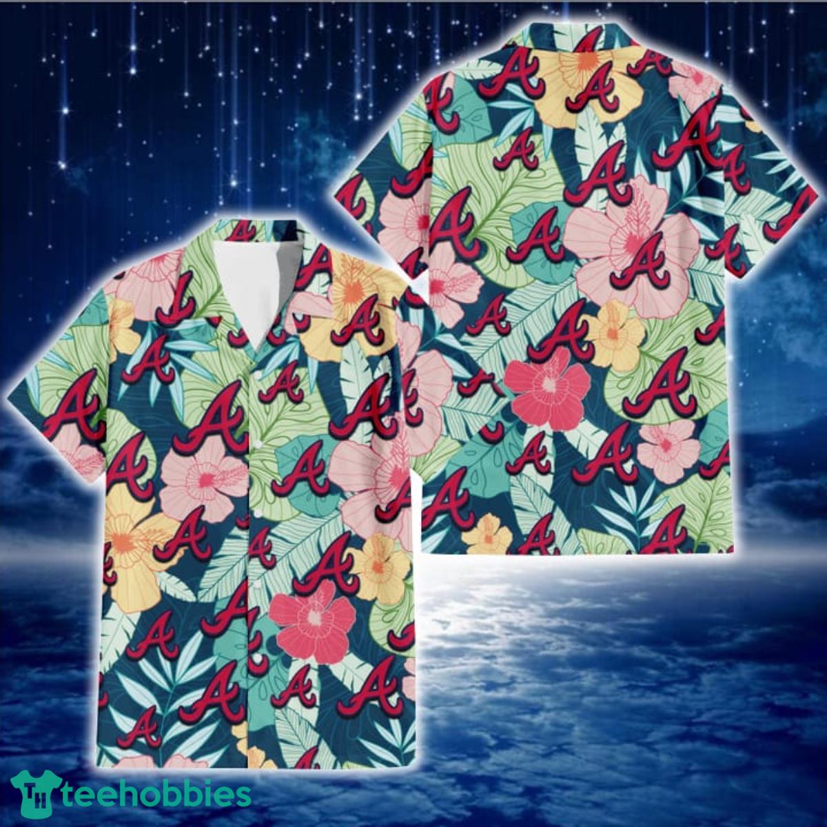 Atlanta Braves Colorful Sketch Hibiscus Dark Green Background 3D Hawaiian Shirt Gift For Fans Product Photo 1