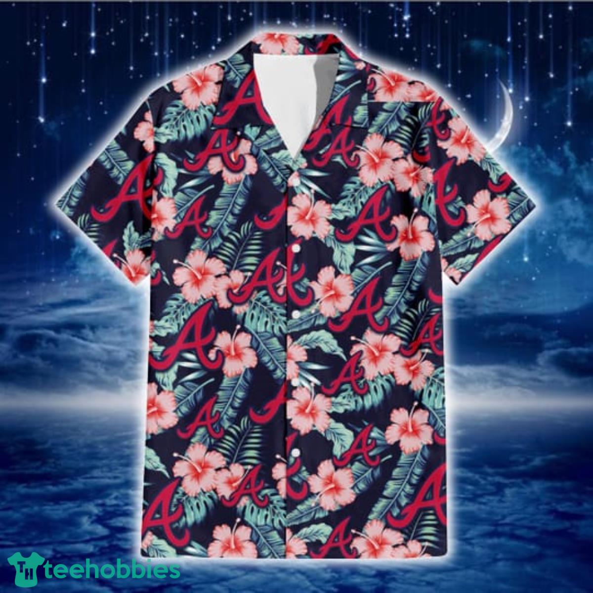 Atlanta Braves Coral Hibiscus Green Banana Leaf Black Background 3D Hawaiian Shirt Gift For Fans Product Photo 2