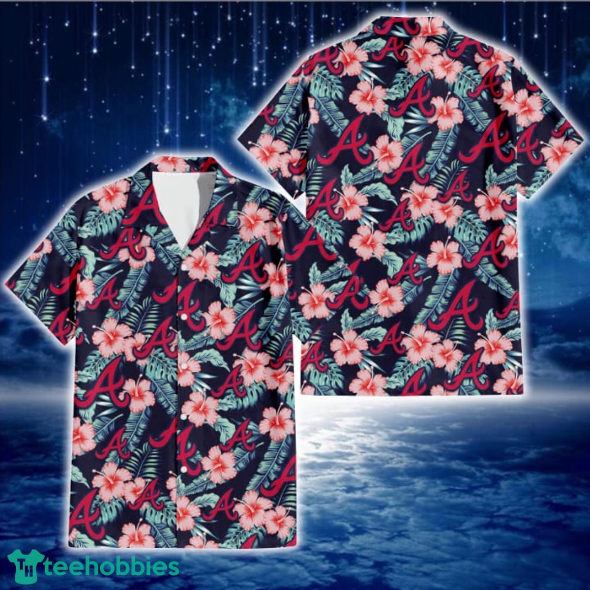 Atlanta Braves Coral Hibiscus Green Banana Leaf Black Background 3D Hawaiian Shirt Gift For Fans Product Photo 1