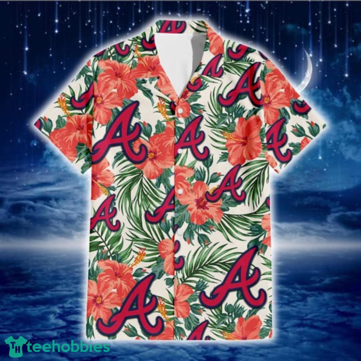 Atlanta Braves Coral Hibiscus Green Leaf Beige Background 3D Hawaiian Shirt Gift For Fans Product Photo 2