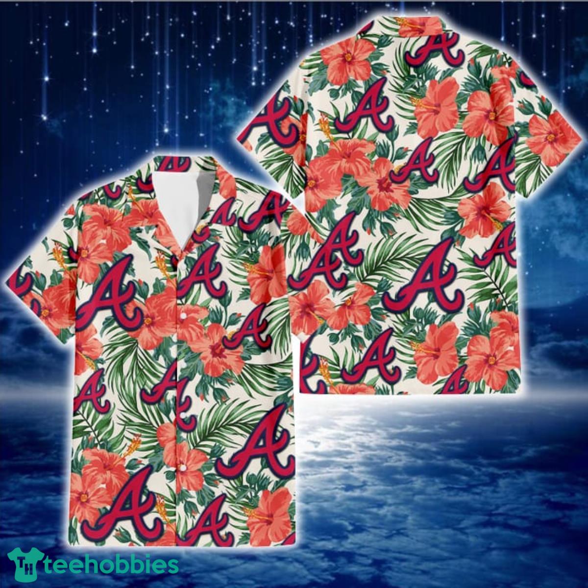 Atlanta Braves Coral Hibiscus Green Leaf Beige Background 3D Hawaiian Shirt Gift For Fans Product Photo 1