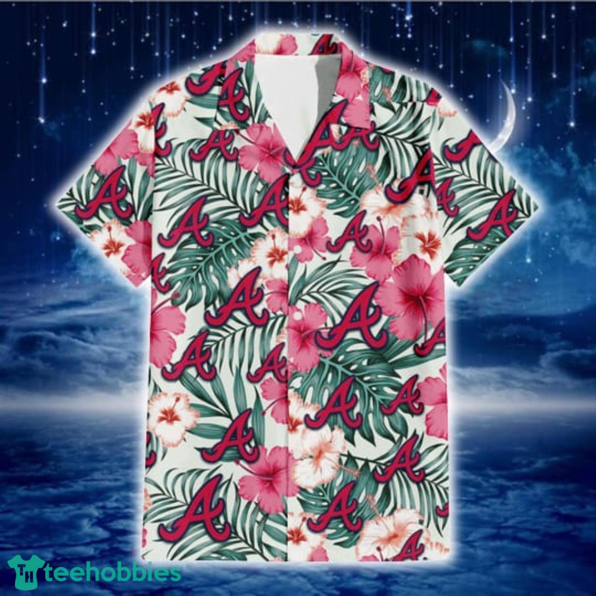 Atlanta Braves Coral Pink Hibiscus Green Leaf Beige Background 3D Hawaiian Shirt Gift For Fans Product Photo 2